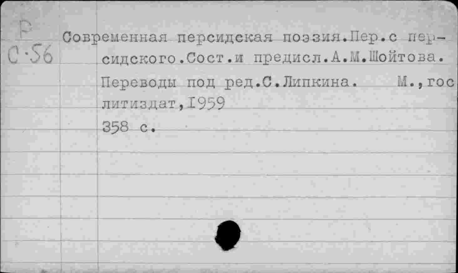 ﻿Современная персидская поэзия.Пер.с пер-сидского.Сост.и предисл.А.М.Шойтова.
Переводы под ред.С.Линкина. М.,гос литиздат,1959
-358 с.